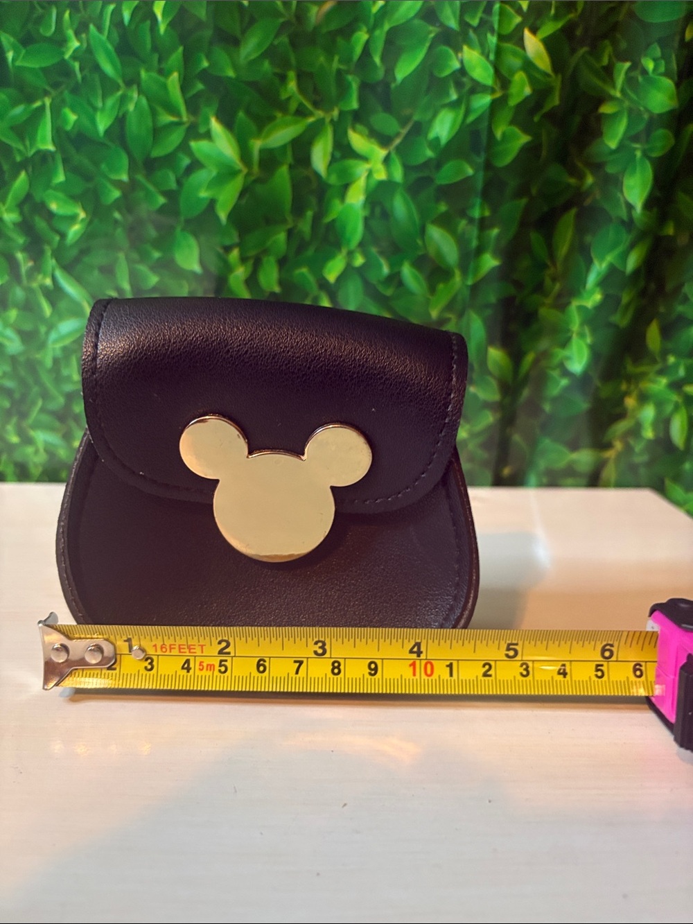 Black Women's Leather Key & Card Holder with Gold Mickey Accent